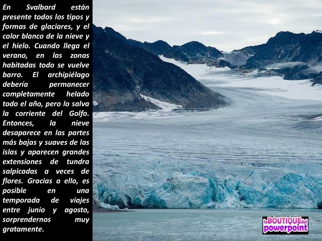 En Svalbard están presente todos los tipos y formas de glaciares, y el color blanco de la nieve y el hielo.