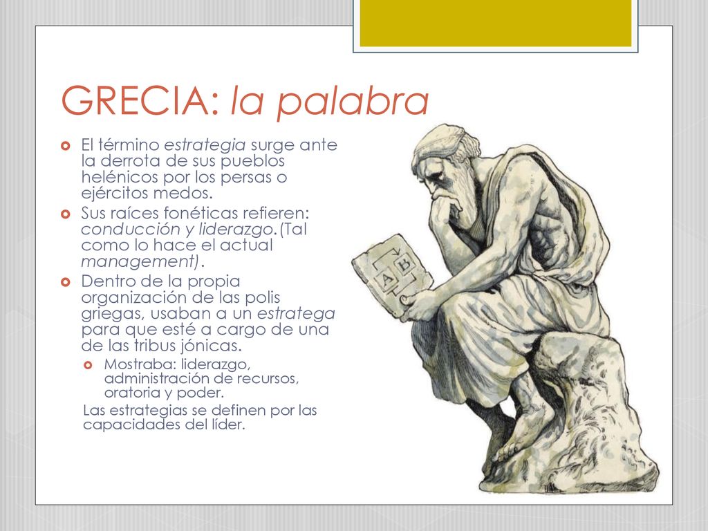 GRECIA: la palabra El término estrategia surge ante la derrota de sus pueblos helénicos por los persas o ejércitos medos.