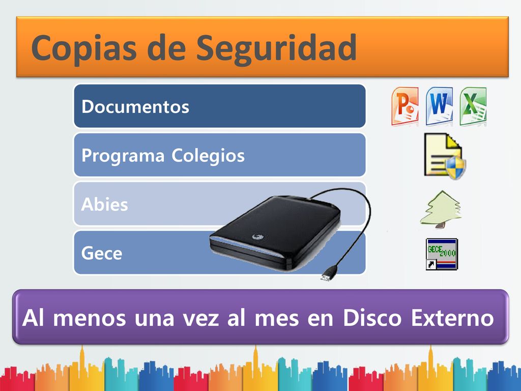 Copias de Seguridad Al menos una vez al mes en Disco Externo