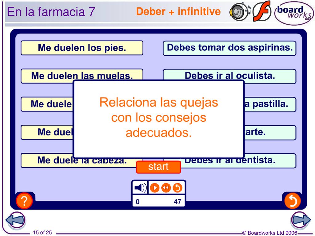 En la farmacia 7 Deber + infinitive Transcript: Me duele la cabeza.