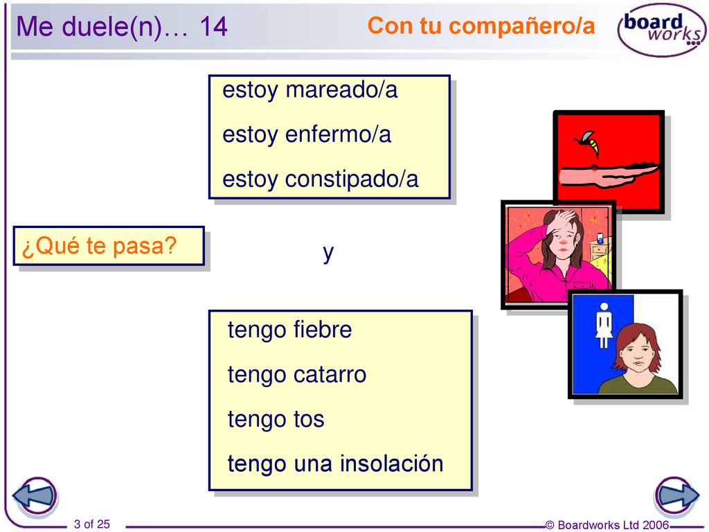 Me duele(n)… 14 Con tu compañero/a estoy mareado/a estoy enfermo/a