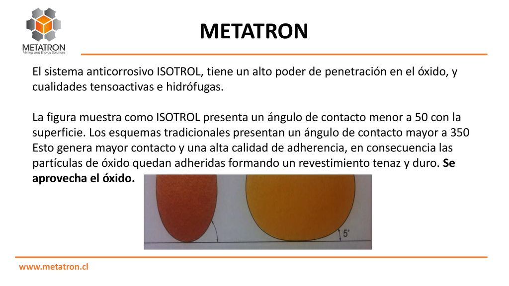 METATRON El sistema anticorrosivo ISOTROL, tiene un alto poder de penetración en el óxido, y cualidades tensoactivas e hidrófugas.