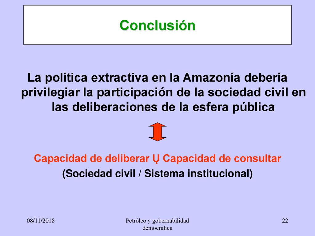 Conclusión La política extractiva en la Amazonía debería privilegiar la participación de la sociedad civil en las deliberaciones de la esfera pública.