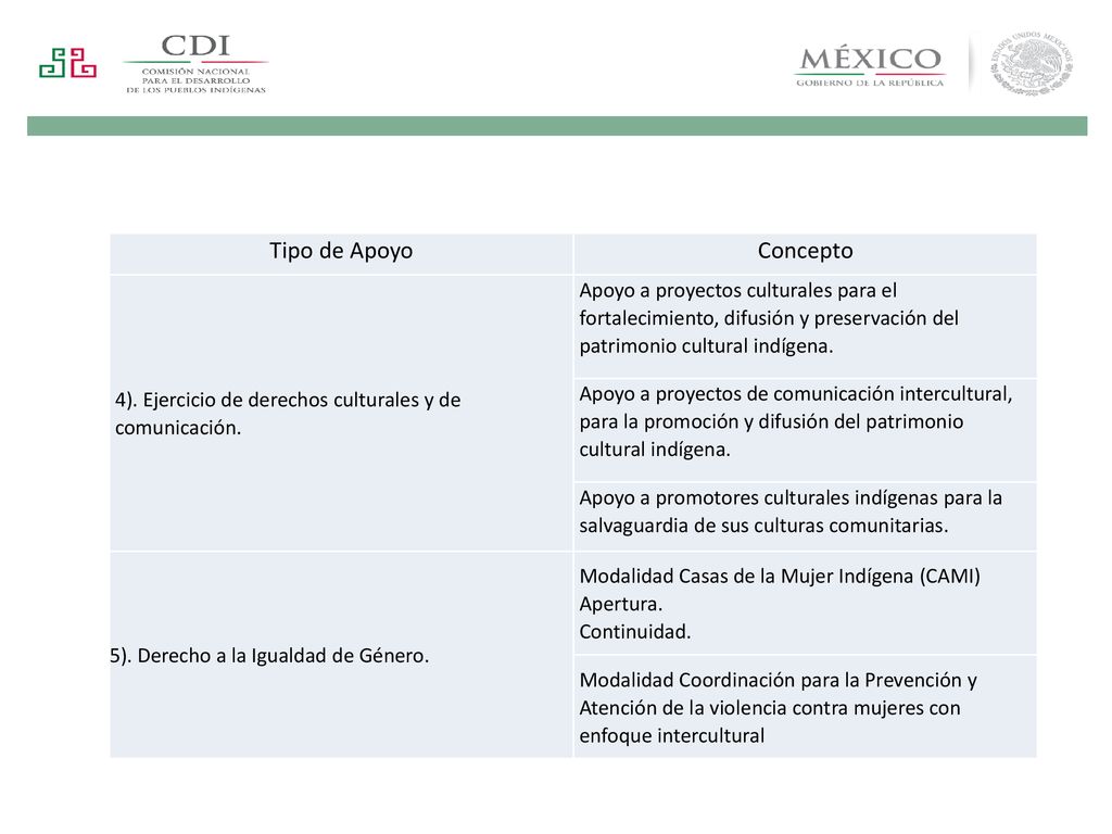 Tipo de Apoyo Concepto. 4). Ejercicio de derechos culturales y de comunicación.