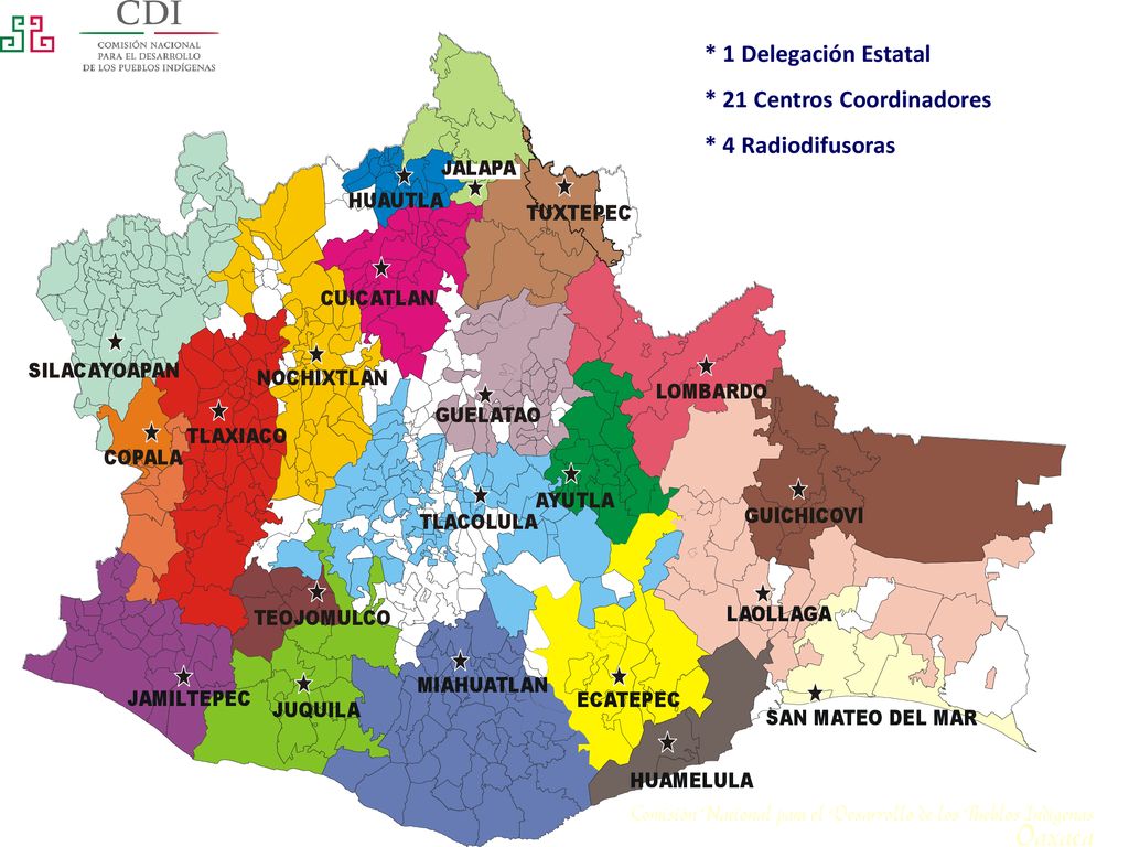 * 1 Delegación Estatal * 21 Centros Coordinadores * 4 Radiodifusoras
