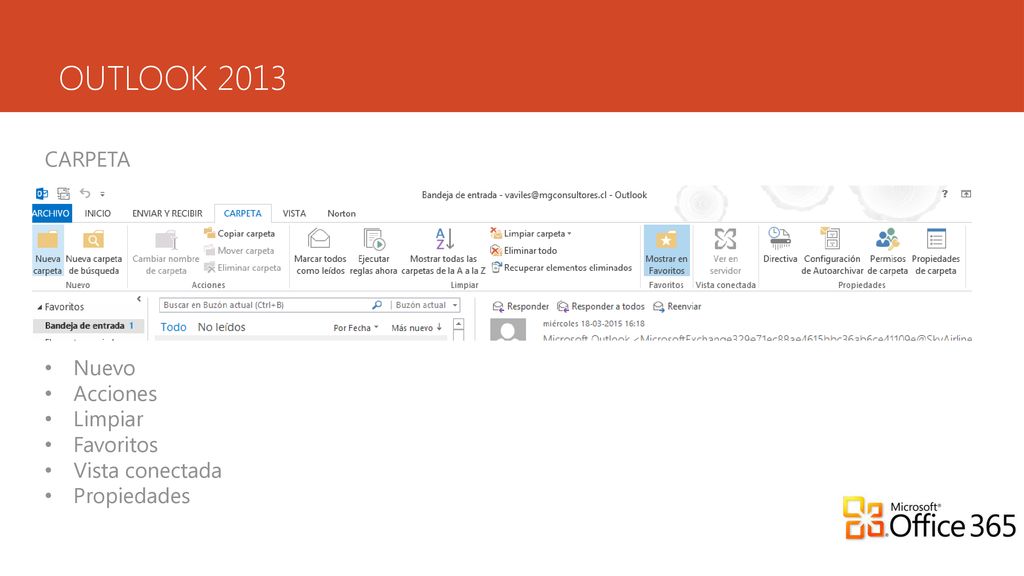 OUTLOOK 2013 CARPETA Nuevo Acciones Limpiar Favoritos Vista conectada