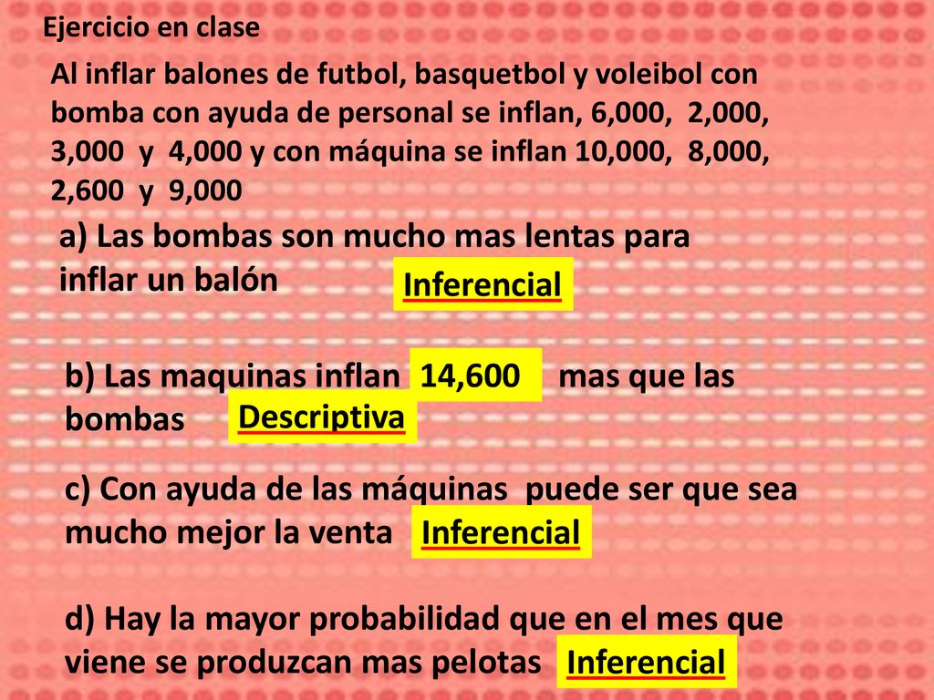 a) Las bombas son mucho mas lentas para inflar un balón Inferencial