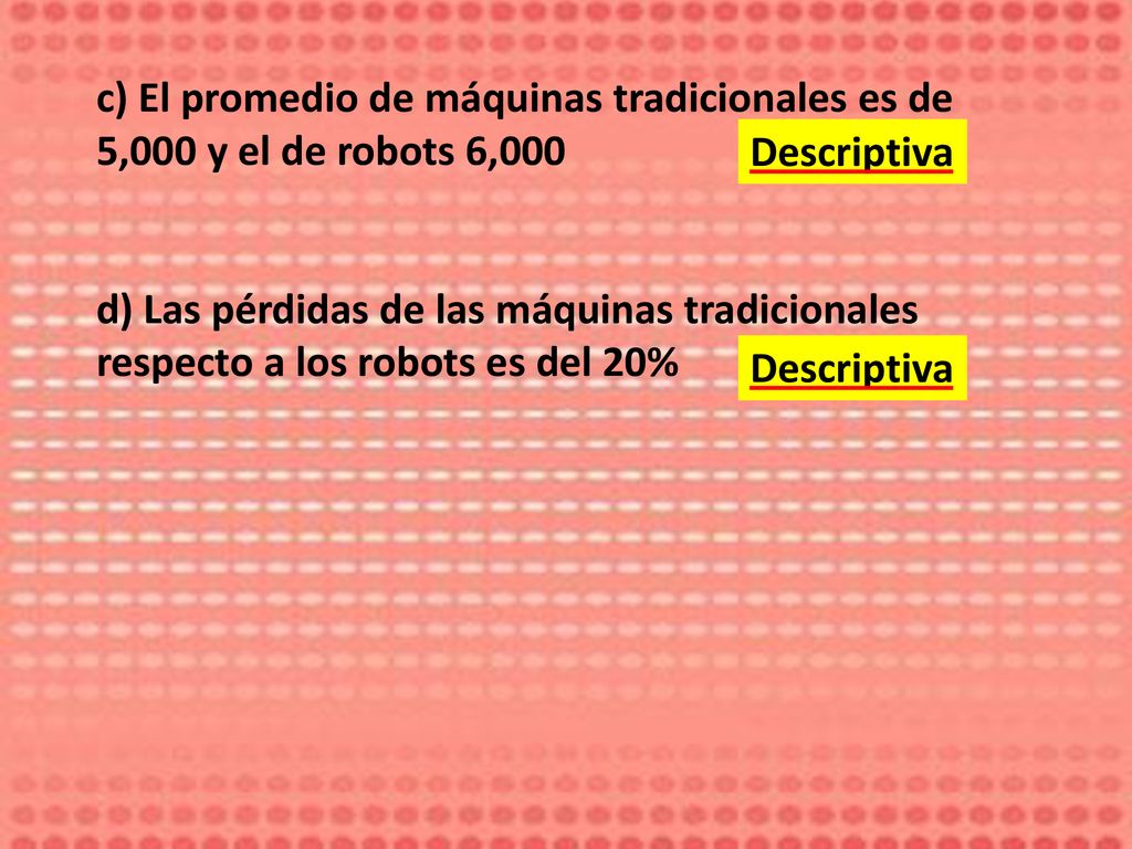 c) El promedio de máquinas tradicionales es de 5,000 y el de robots 6,000