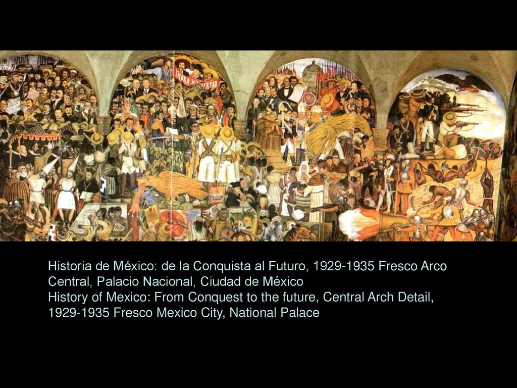 Historia de México: de la Conquista al Futuro, Fresco Arco Central, Palacio Nacional, Ciudad de México History of Mexico: From Conquest to the future, Central Arch Detail, Fresco Mexico City, National Palace