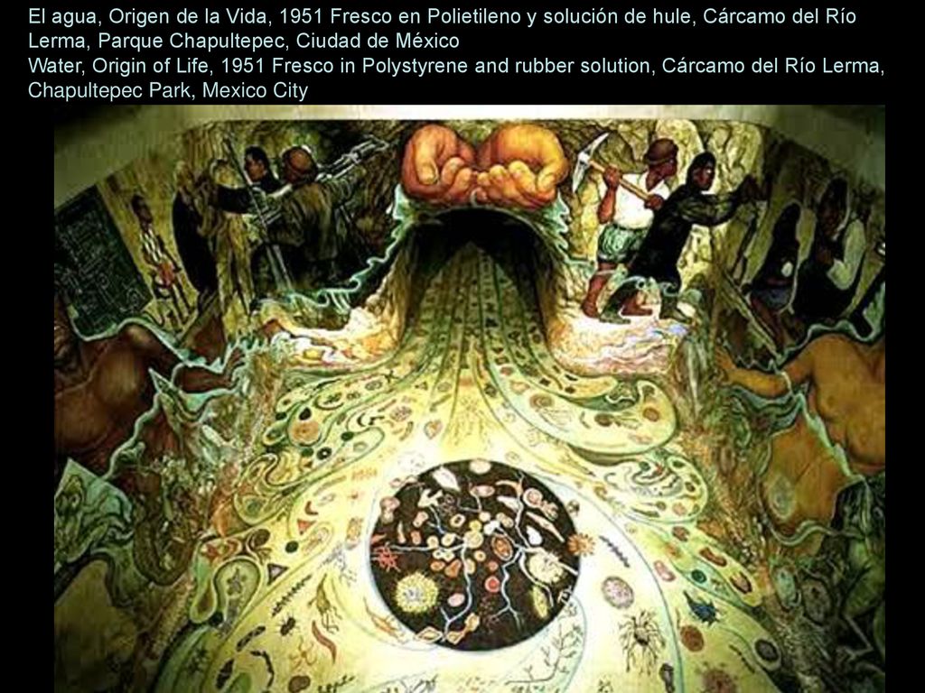 El agua, Origen de la Vida, 1951 Fresco en Polietileno y solución de hule, Cárcamo del Río Lerma, Parque Chapultepec, Ciudad de México Water, Origin of Life, 1951 Fresco in Polystyrene and rubber solution, Cárcamo del Río Lerma, Chapultepec Park, Mexico City
