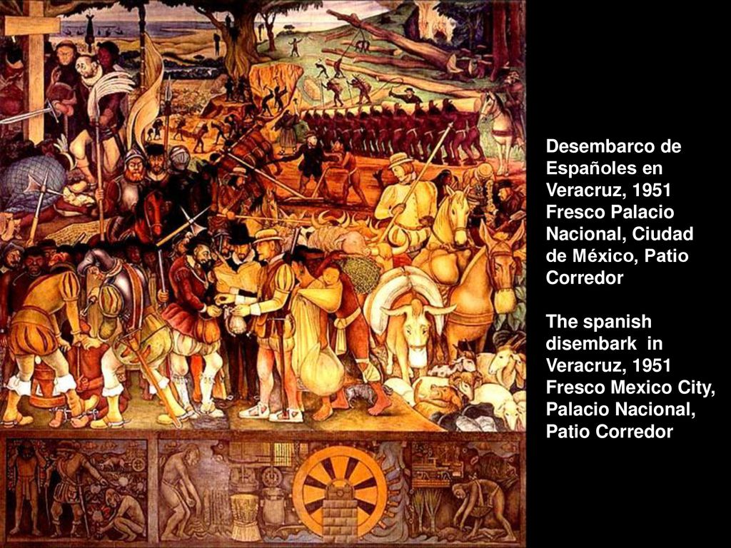 Desembarco de Españoles en Veracruz, 1951 Fresco Palacio Nacional, Ciudad de México, Patio Corredor