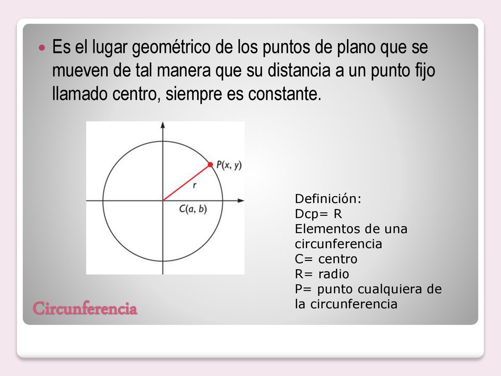 Es el lugar geométrico de los puntos de plano que se mueven de tal manera que su distancia a un punto fijo llamado centro, siempre es constante.