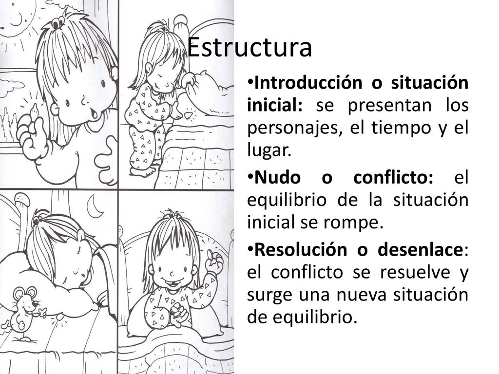 Estructura Introducción o situación inicial: se presentan los personajes, el tiempo y el lugar.