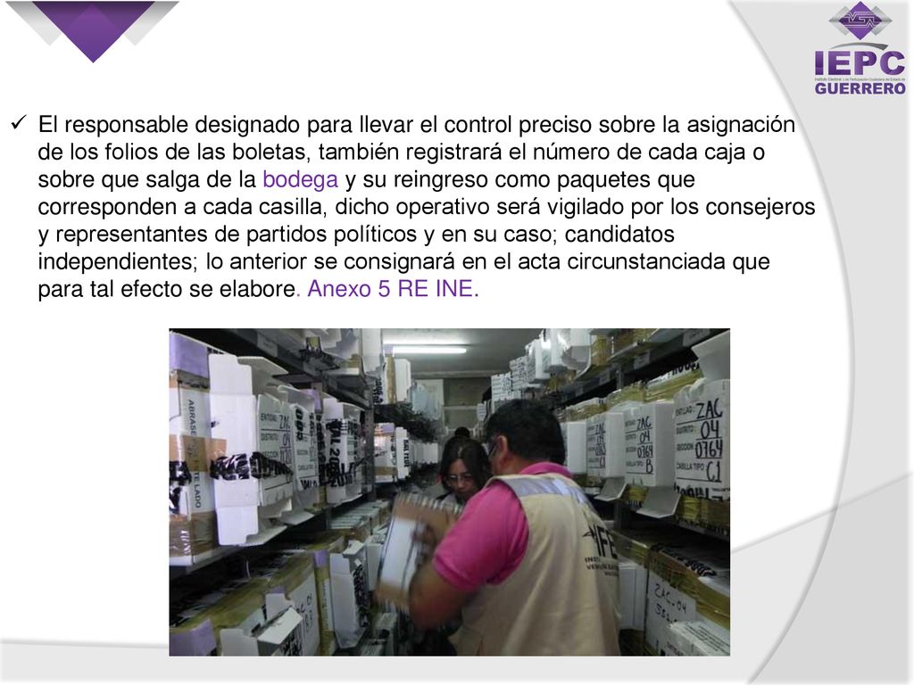 El responsable designado para llevar el control preciso sobre la asignación de los folios de las boletas, también registrará el número de cada caja o sobre que salga de la bodega y su reingreso como paquetes que corresponden a cada casilla, dicho operativo será vigilado por los consejeros y representantes de partidos políticos y en su caso; candidatos independientes; lo anterior se consignará en el acta circunstanciada que para tal efecto se elabore.