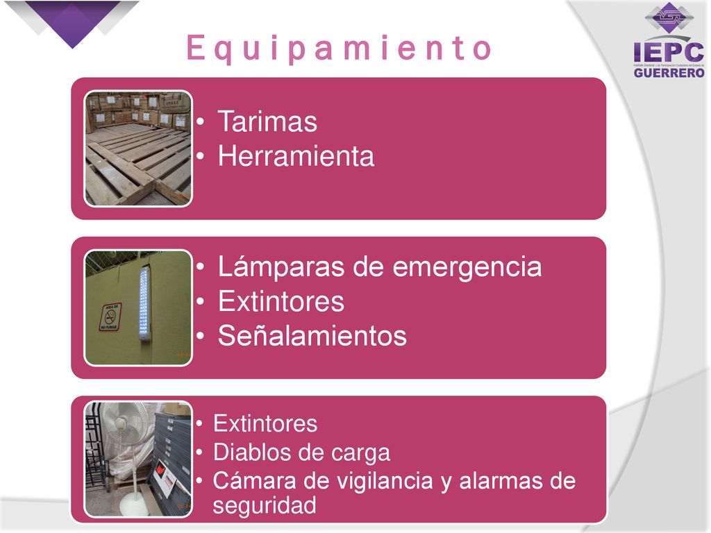 E q u i p a m i e n t o Tarimas Herramienta Lámparas de emergencia