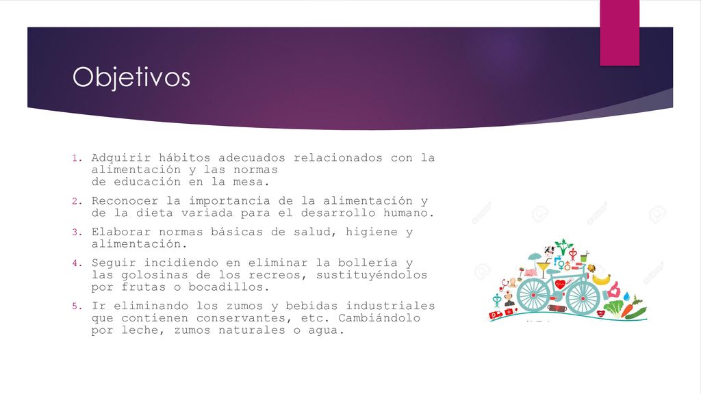 Objetivos Adquirir hábitos adecuados relacionados con la alimentación y las normas de educación en la mesa.