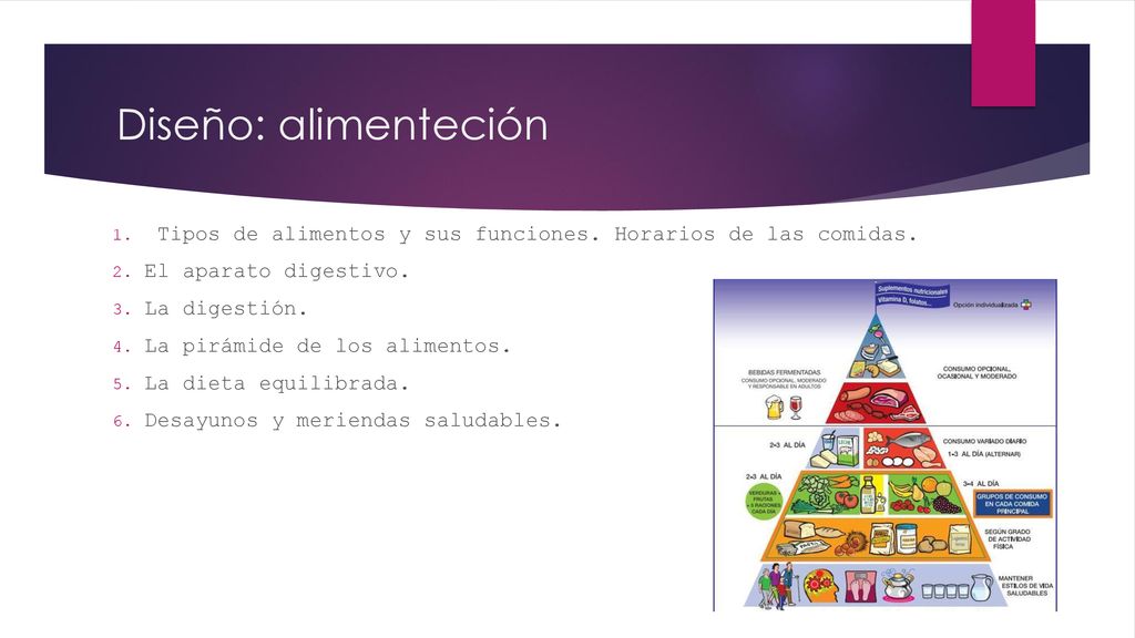 Diseño: alimenteción Tipos de alimentos y sus funciones. Horarios de las comidas. El aparato digestivo.