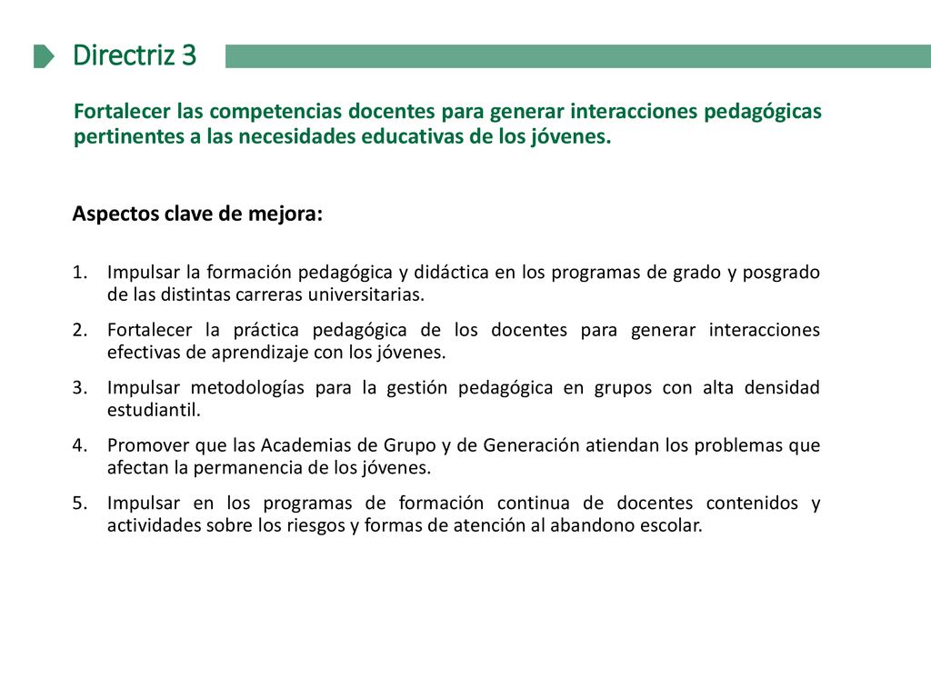 Directriz 3 Fortalecer las competencias docentes para generar interacciones pedagógicas pertinentes a las necesidades educativas de los jóvenes.