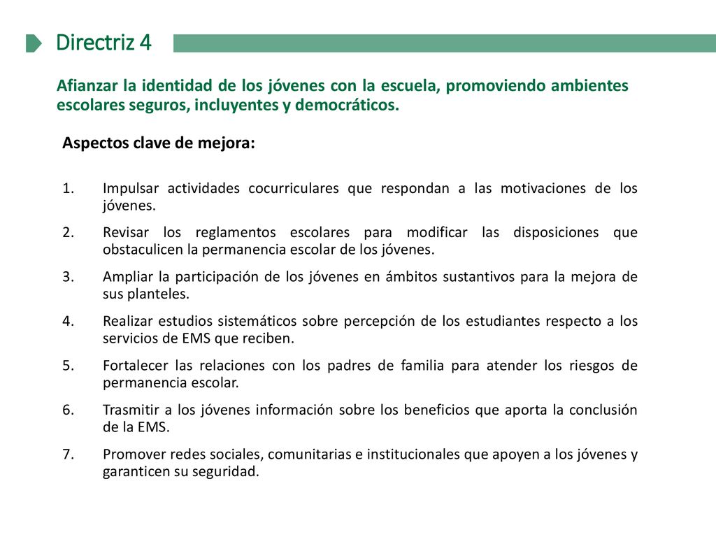 Directriz 4 Afianzar la identidad de los jóvenes con la escuela, promoviendo ambientes escolares seguros, incluyentes y democráticos.