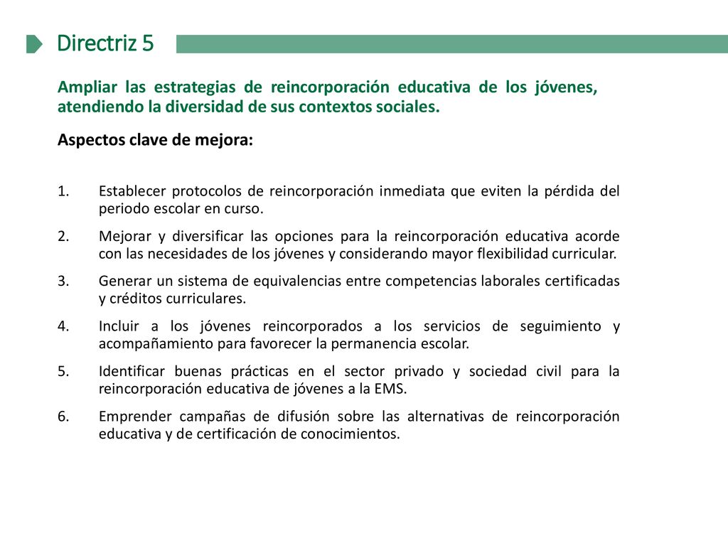 Directriz 5 Ampliar las estrategias de reincorporación educativa de los jóvenes, atendiendo la diversidad de sus contextos sociales.