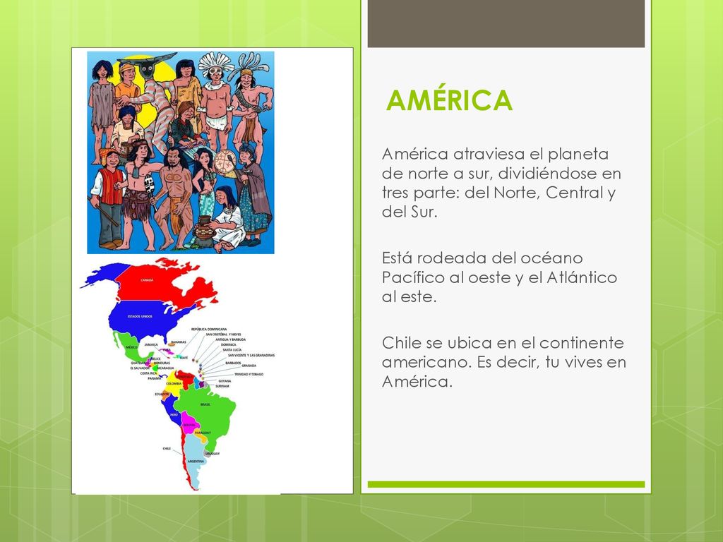 AMÉRICA América atraviesa el planeta de norte a sur, dividiéndose en tres parte: del Norte, Central y del Sur.