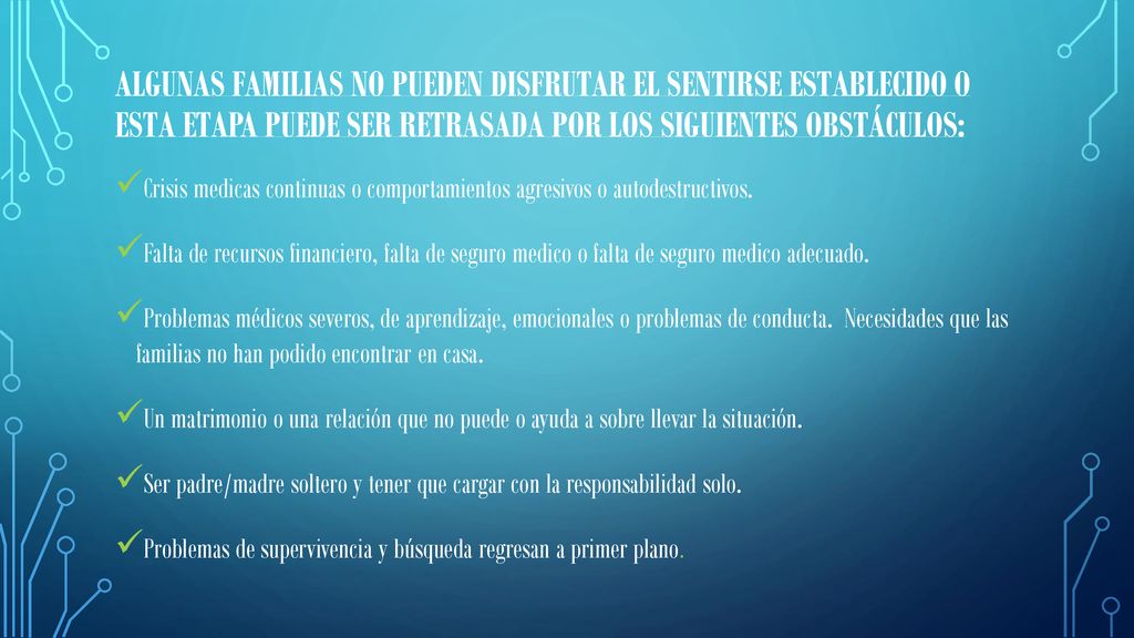 Algunas familias no pueden disfrutar el sentirse establecido o esta etapa puede ser retrasada por los siguientes obstáculos: