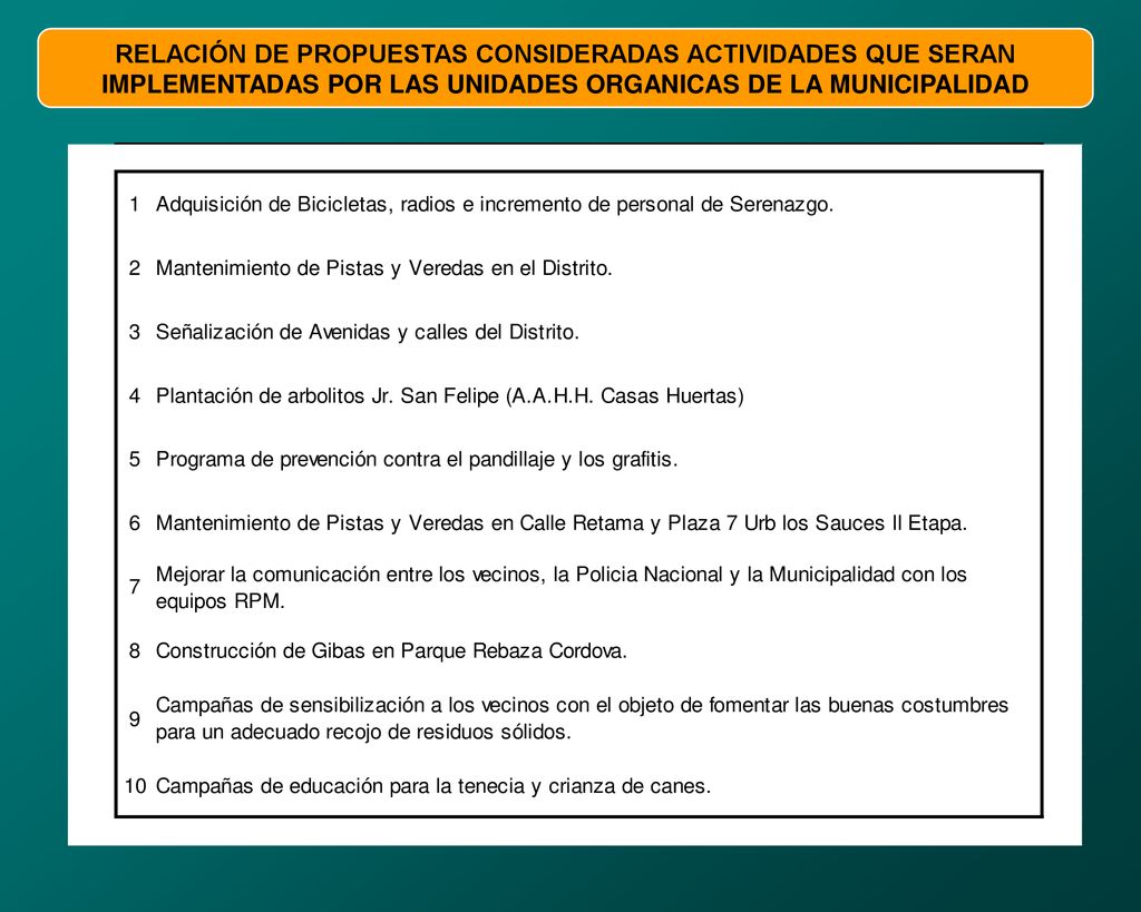 RELACIÓN DE PROPUESTAS CONSIDERADAS ACTIVIDADES QUE SERAN IMPLEMENTADAS POR LAS UNIDADES ORGANICAS DE LA MUNICIPALIDAD