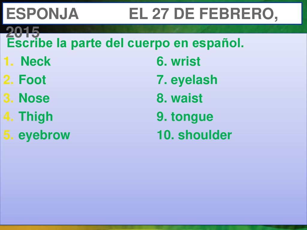 ESPONJA EL 27 DE FEBRERO, 2015 Escribe la parte del cuerpo en español.
