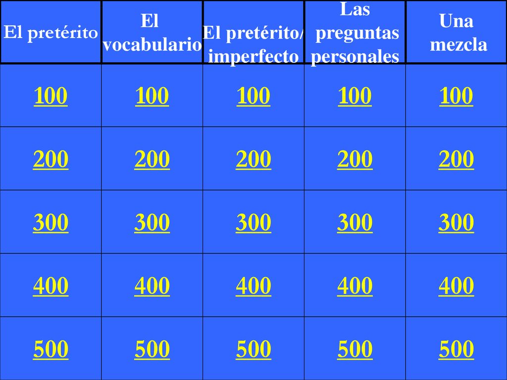 El pretérito El. vocabulario. El pretérito/ imperfecto. Las. preguntas. personales. Una. mezcla.
