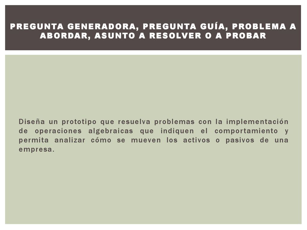 Pregunta generadora, pregunta guía, problema a abordar, asunto a resolver o a probar
