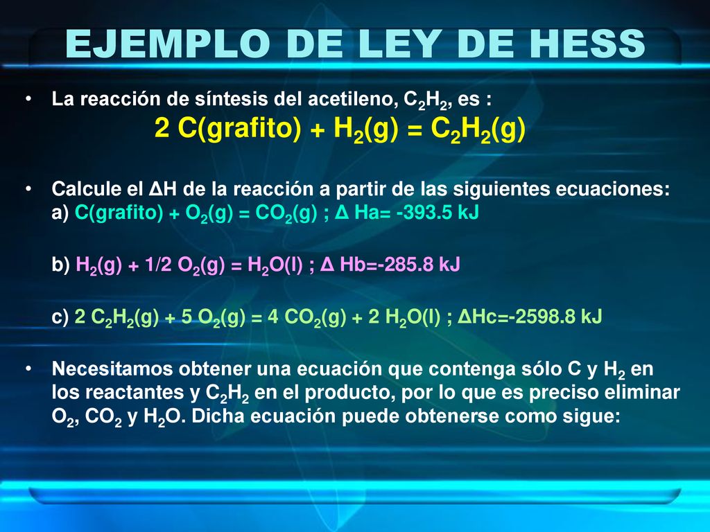 EJEMPLO DE LEY DE HESS La reacción de síntesis del acetileno, C2H2, es : 2 C(grafito) + H2(g) = C2H2(g)