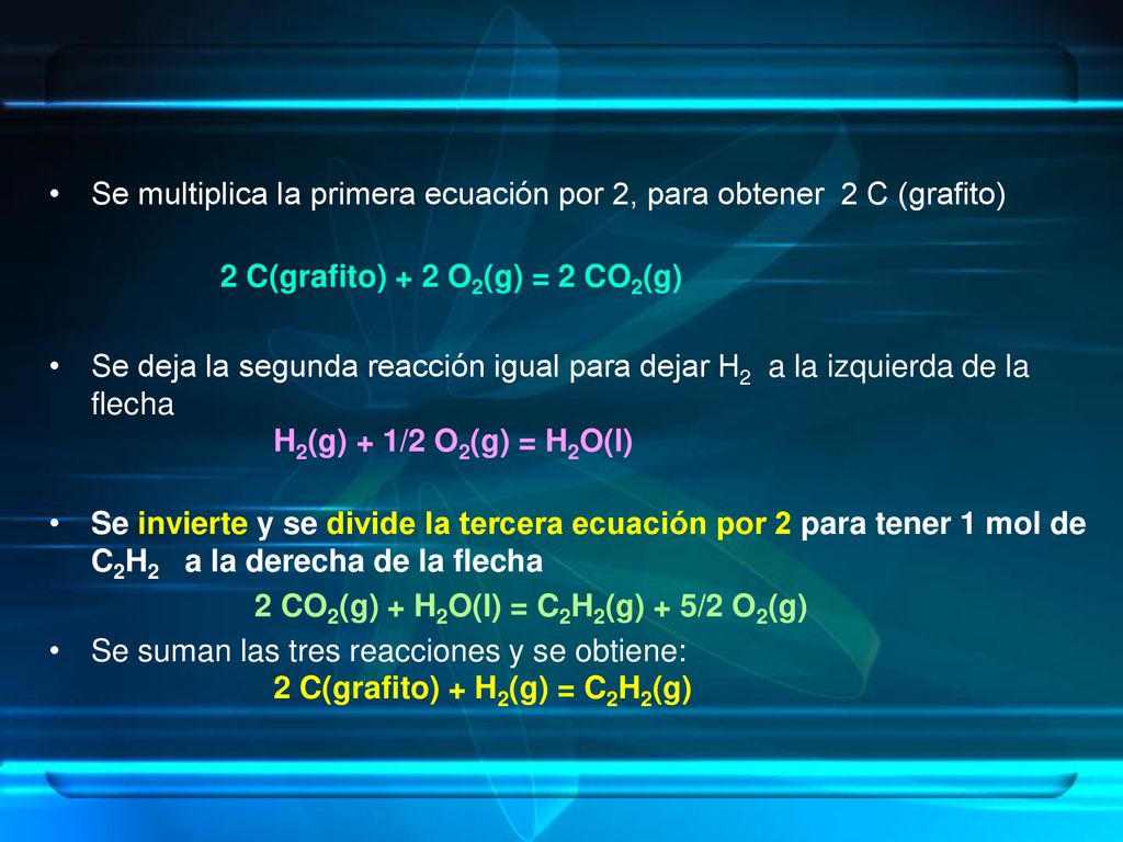 Se multiplica la primera ecuación por 2, para obtener 2 C (grafito)