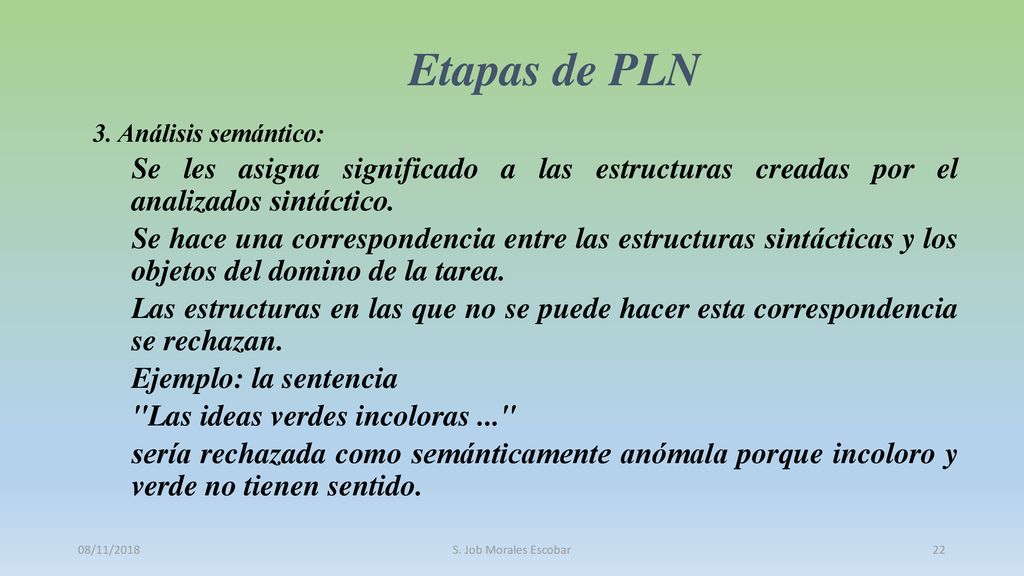 Etapas de PLN 3. Análisis semántico: Se les asigna significado a las estructuras creadas por el analizados sintáctico.