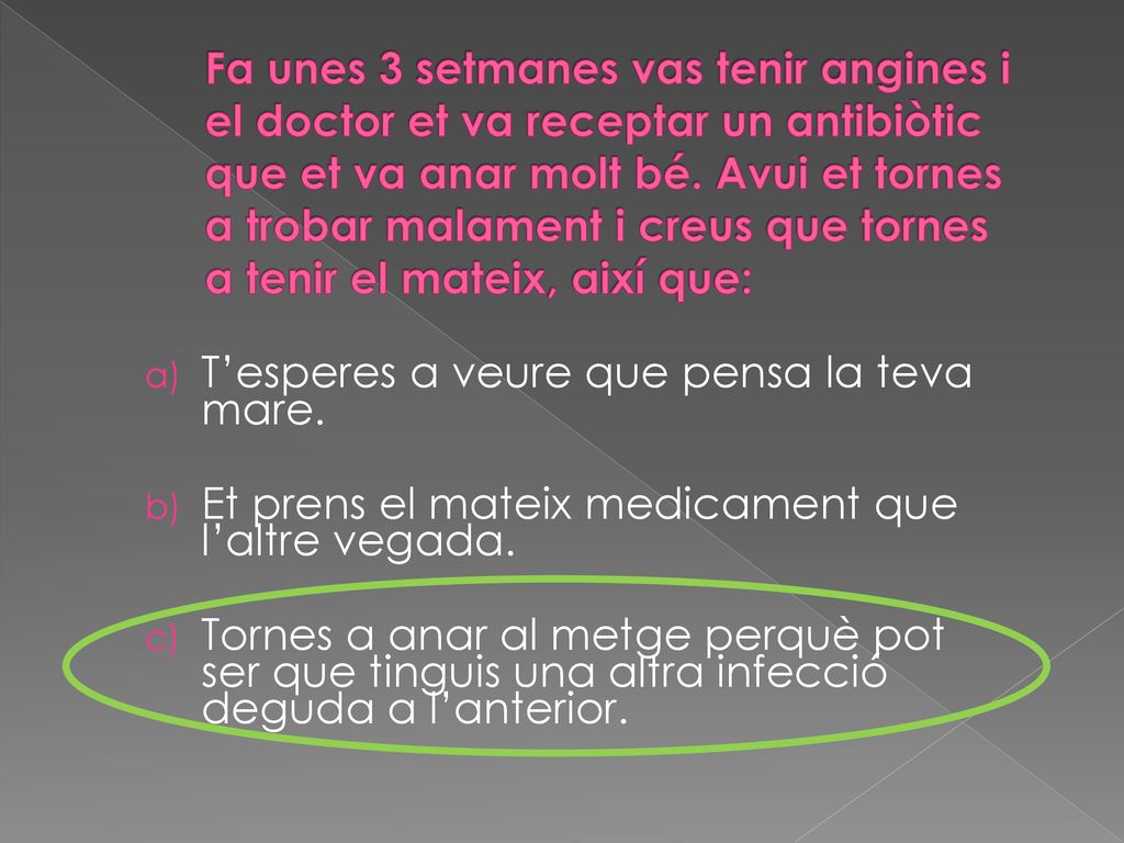 Fa unes 3 setmanes vas tenir angines i el doctor et va receptar un antibiòtic que et va anar molt bé. Avui et tornes a trobar malament i creus que tornes a tenir el mateix, així que:
