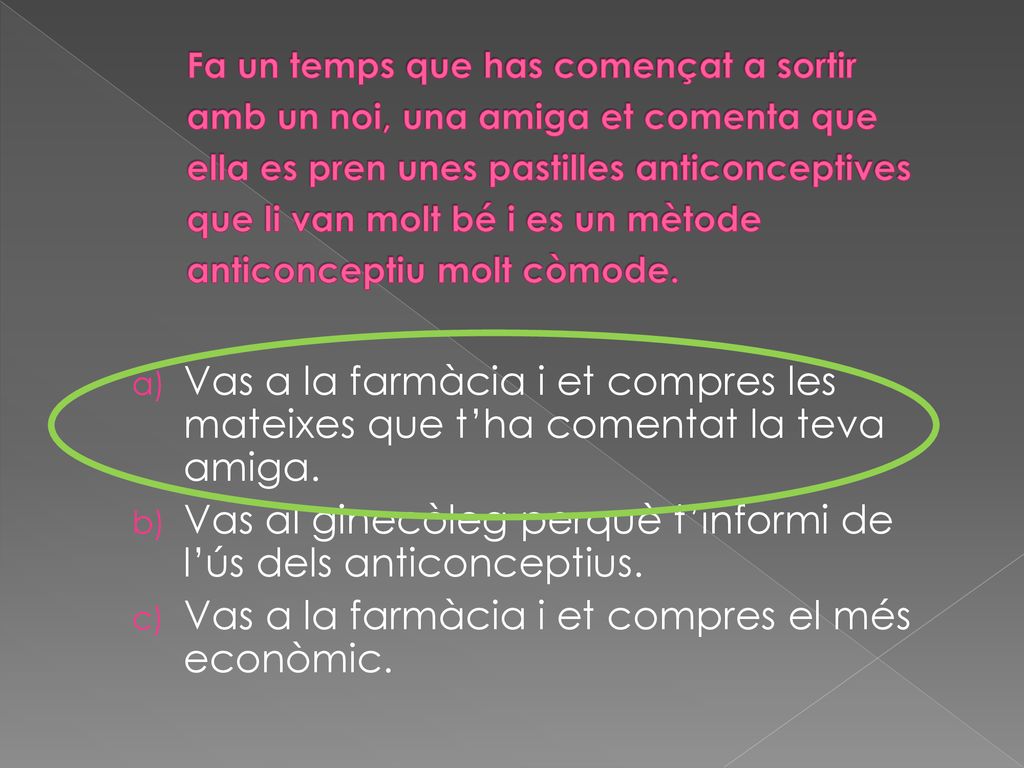Vas al ginecòleg perquè t’informi de l’ús dels anticonceptius.