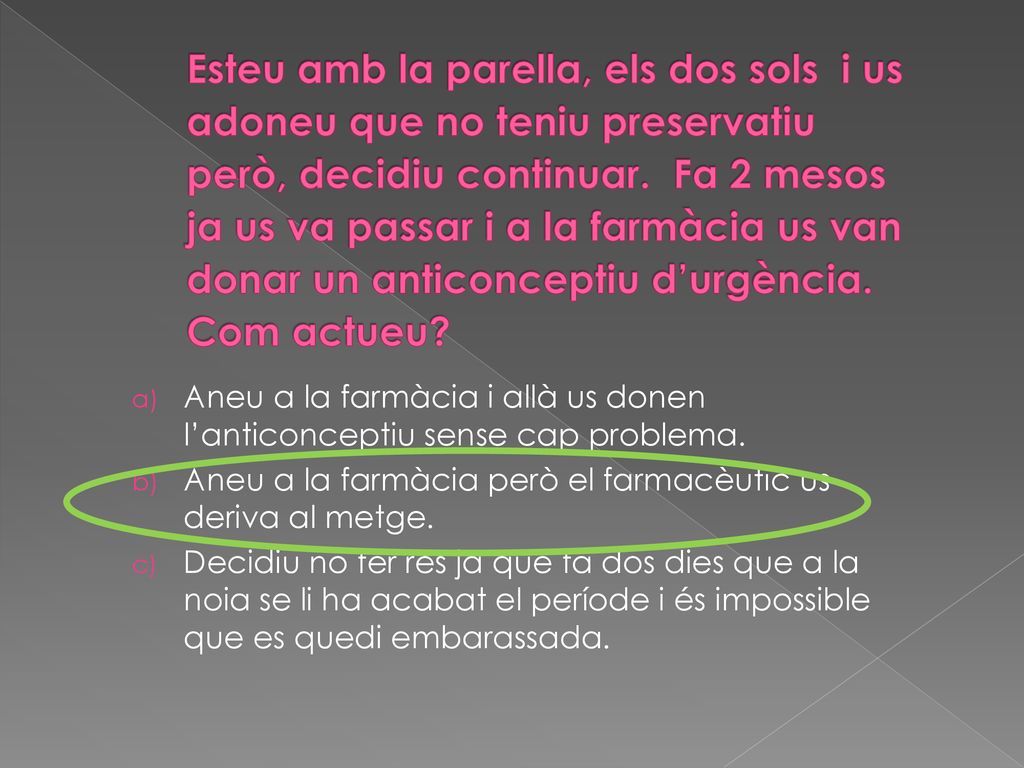 Esteu amb la parella, els dos sols i us adoneu que no teniu preservatiu però, decidiu continuar. Fa 2 mesos ja us va passar i a la farmàcia us van donar un anticonceptiu d’urgència. Com actueu