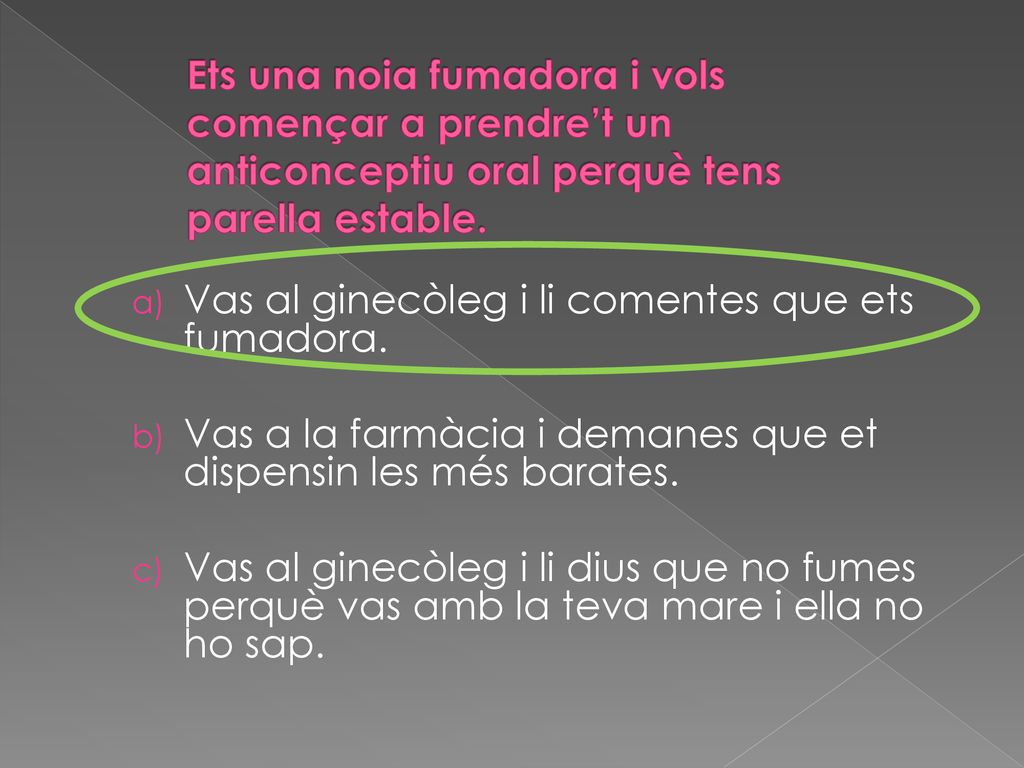 Ets una noia fumadora i vols començar a prendre’t un anticonceptiu oral perquè tens parella estable.