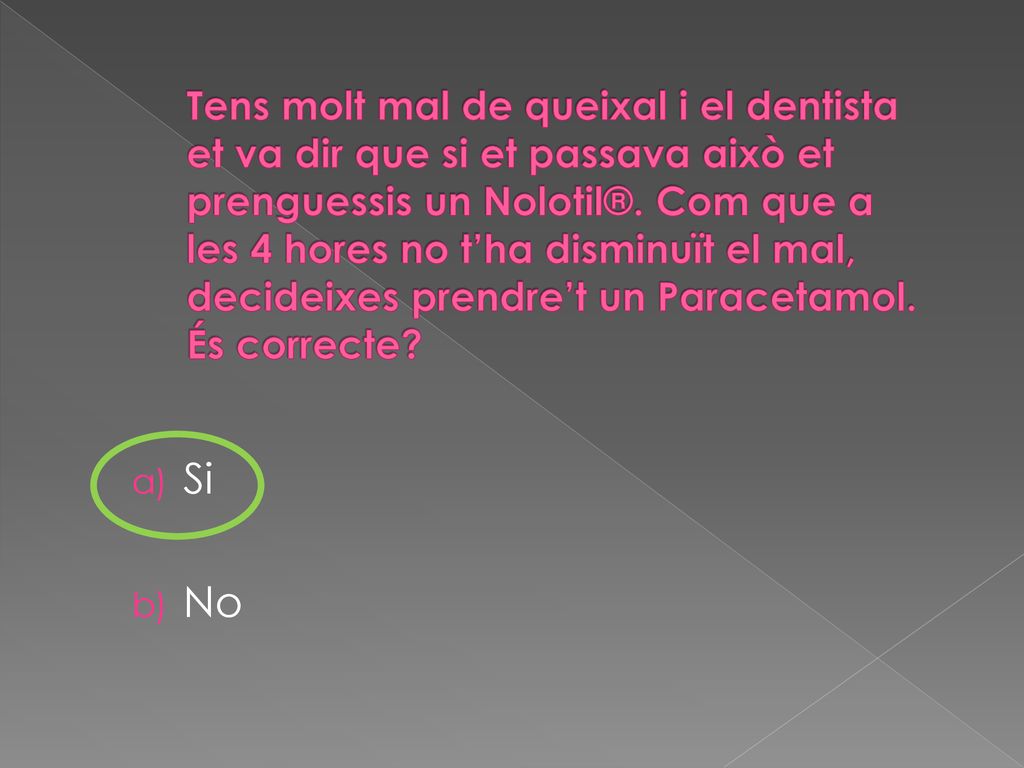 Tens molt mal de queixal i el dentista et va dir que si et passava això et prenguessis un Nolotil®. Com que a les 4 hores no t’ha disminuït el mal, decideixes prendre’t un Paracetamol. És correcte