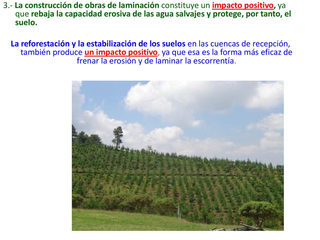 3.- La construcción de obras de laminación constituye un impacto positivo, ya que rebaja la capacidad erosiva de las agua salvajes y protege, por tanto, el suelo.
