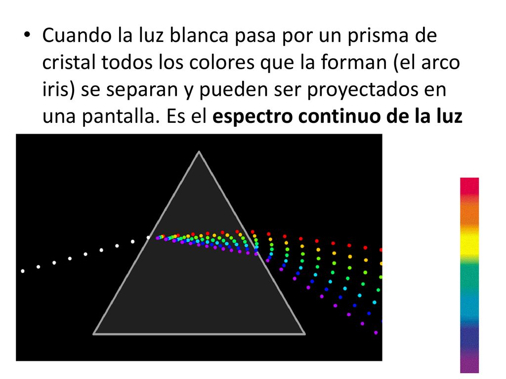 Cuando la luz blanca pasa por un prisma de cristal todos los colores que la forman (el arco iris) se separan y pueden ser proyectados en una pantalla.