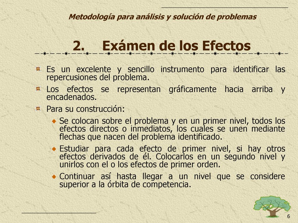 2. Exámen de los Efectos Es un excelente y sencillo instrumento para identificar las repercusiones del problema.