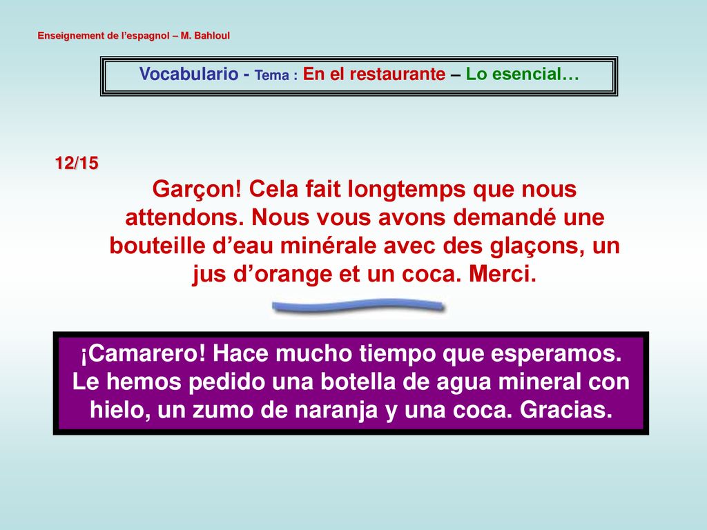 Vocabulario - Tema : En el restaurante – Lo esencial…