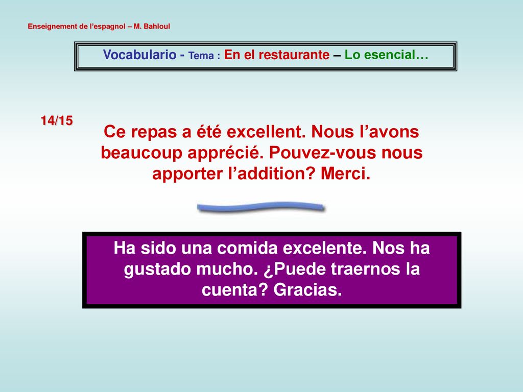 Vocabulario - Tema : En el restaurante – Lo esencial…