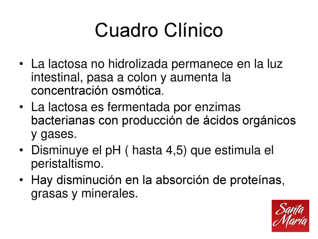 Cuadro Clínico La lactosa no hidrolizada permanece en la luz intestinal, pasa a colon y aumenta la concentración osmótica.
