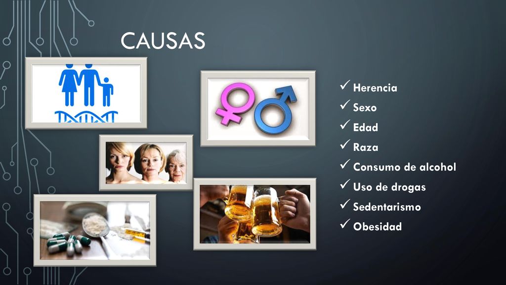 causas Herencia Sexo Edad Raza Consumo de alcohol Uso de drogas