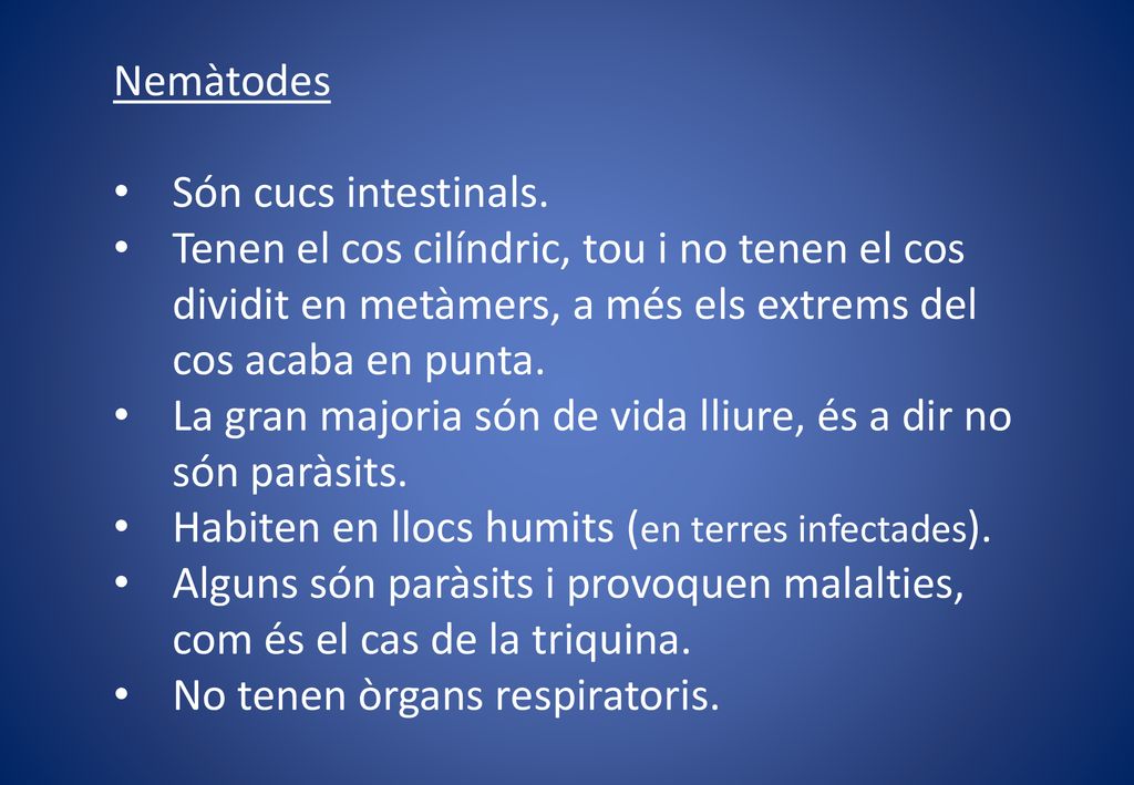 Nemàtodes Són cucs intestinals. Tenen el cos cilíndric, tou i no tenen el cos dividit en metàmers, a més els extrems del cos acaba en punta.