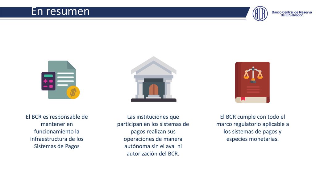 En resumen El BCR es responsable de mantener en funcionamiento la infraestructura de los Sistemas de Pagos.