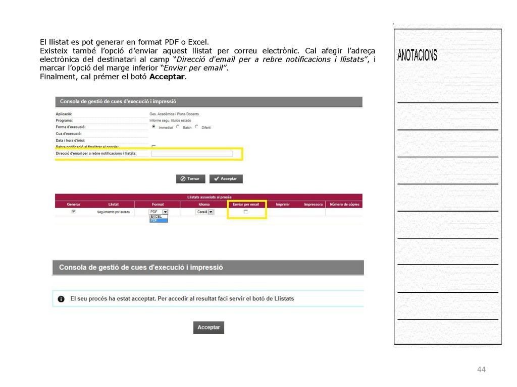 El llistat es pot generar en format PDF o Excel.