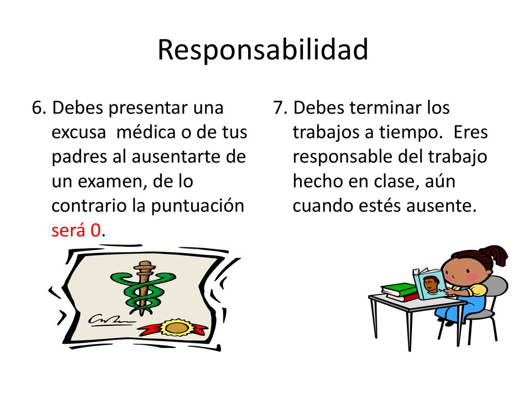 Responsabilidad 6. Debes presentar una excusa médica o de tus padres al ausentarte de un examen, de lo contrario la puntuación será 0.