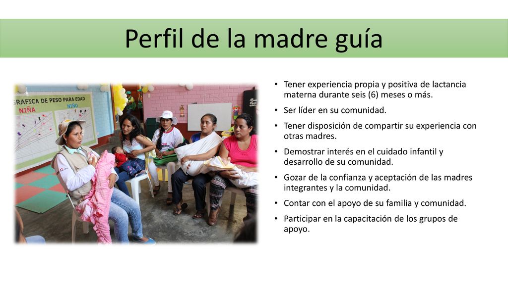 Perfil de la madre guía Tener experiencia propia y positiva de lactancia materna durante seis (6) meses o más.